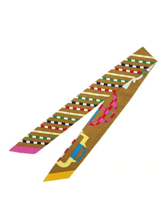 Hermes Accessories - Hermes Tian White Twilly Bouclerie Moderne Buckle Scarf Silk Tabac Rose Blue